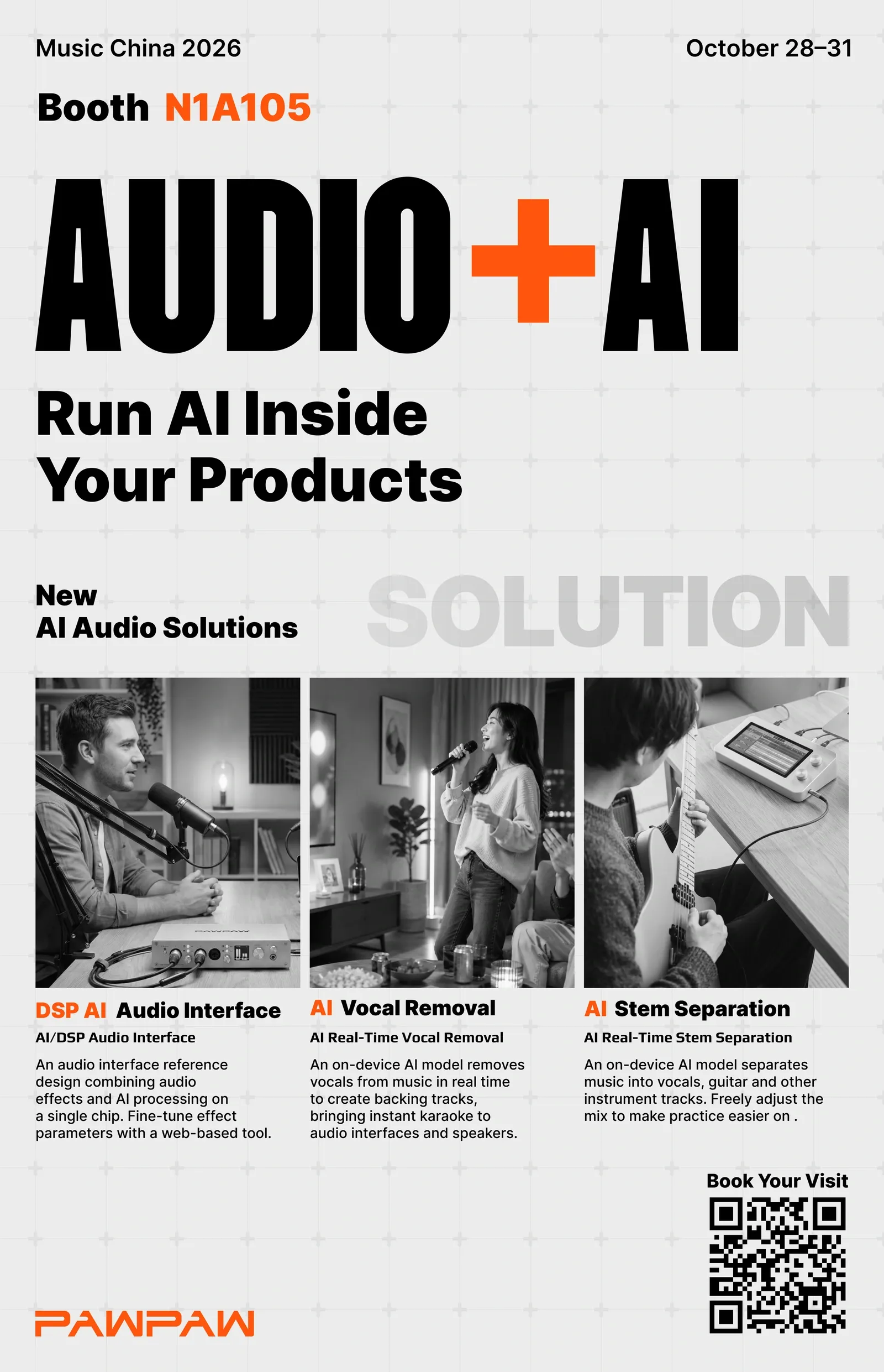 Pawpaw Technology's Music China 2026 poster: on-device AI audio solutions at Booth N1A105, Hall N1