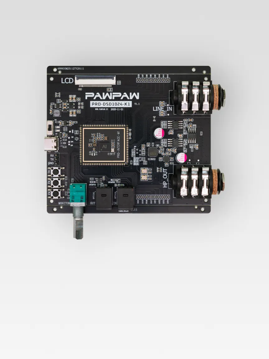 PRO-DSD1024-K1 evaluation board top view: USB-C, optical SPDIF, analog audio, and rotary control interfaces