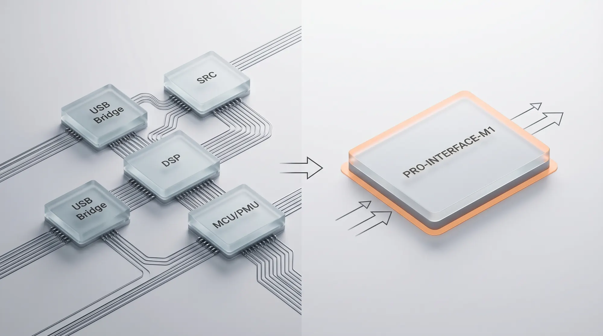 Architecture comparison: traditional multi-chip approach (4+ discrete ICs) versus integrated PRO-INTERFACE-M1 platform