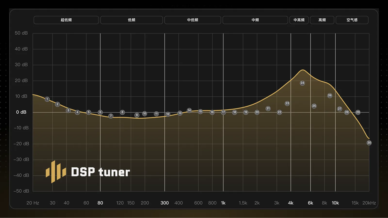DSP Tuner browser interface showing 31-band parametric EQ with real-time frequency response visualization