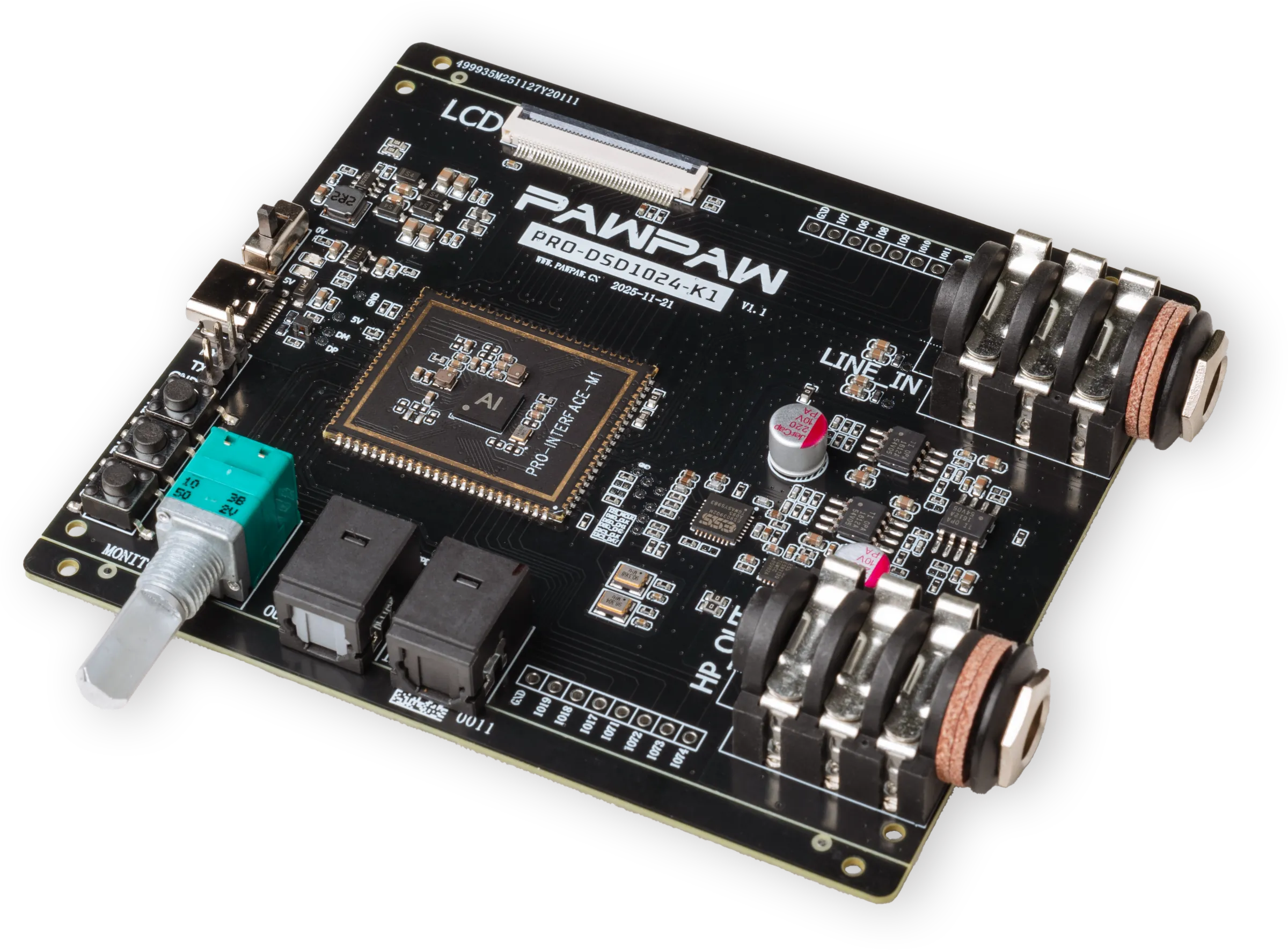 PRO-DSD1024-K1 USB Audio DSP solution board featuring PRO-INTERFACE-M1 platform module, ES9039Q2M DAC, USB-C, and optical SPDIF connections